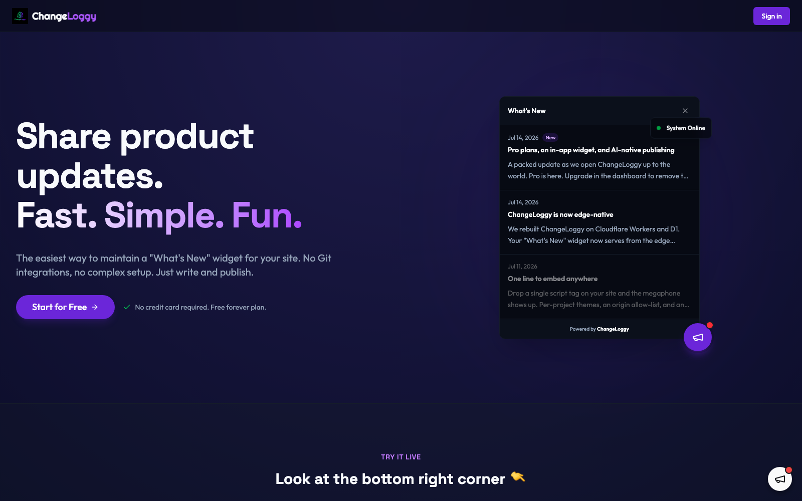 The ChangeLoggy home page beside its What's New widget