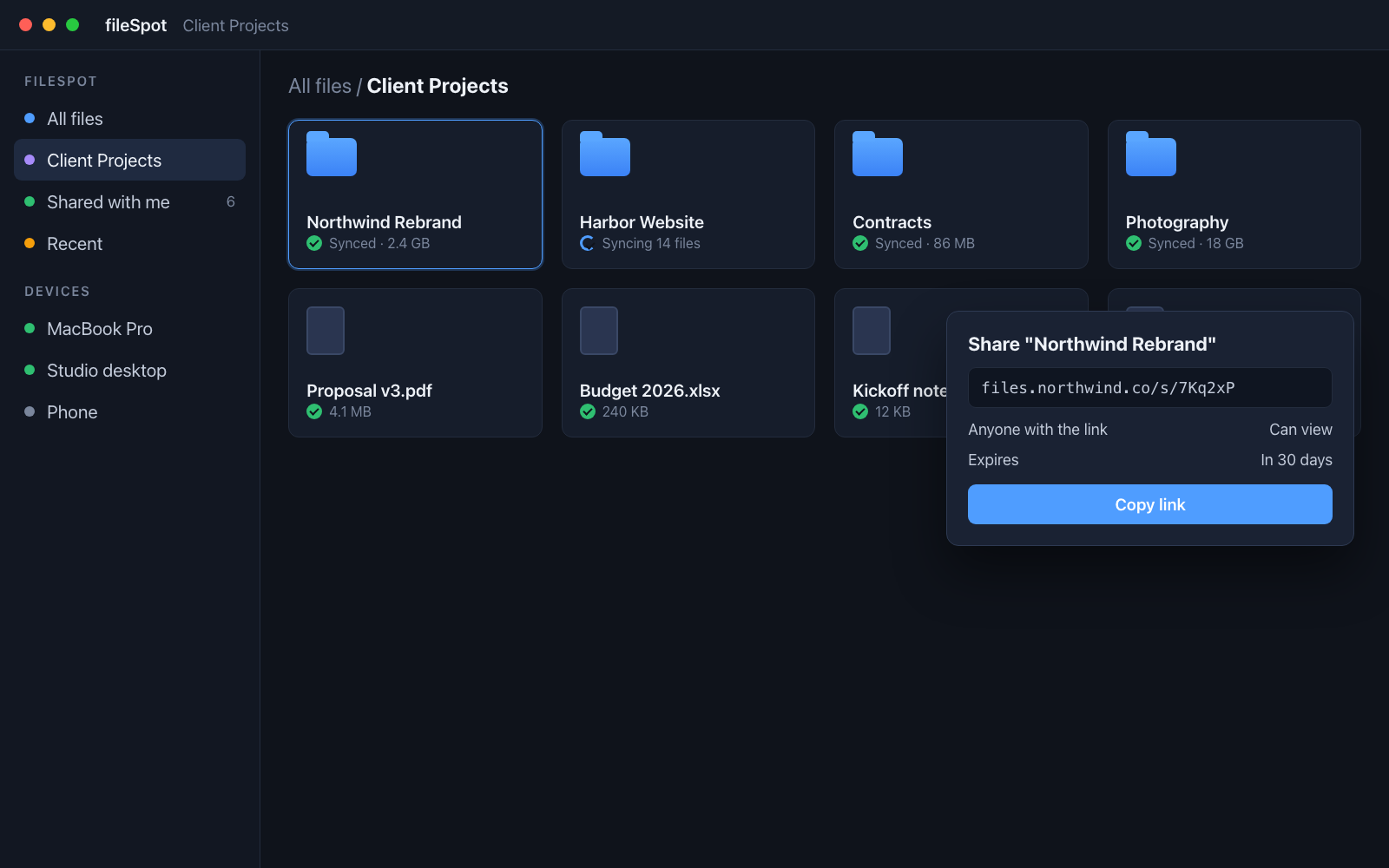fileSpot showing synced project folders and a share link